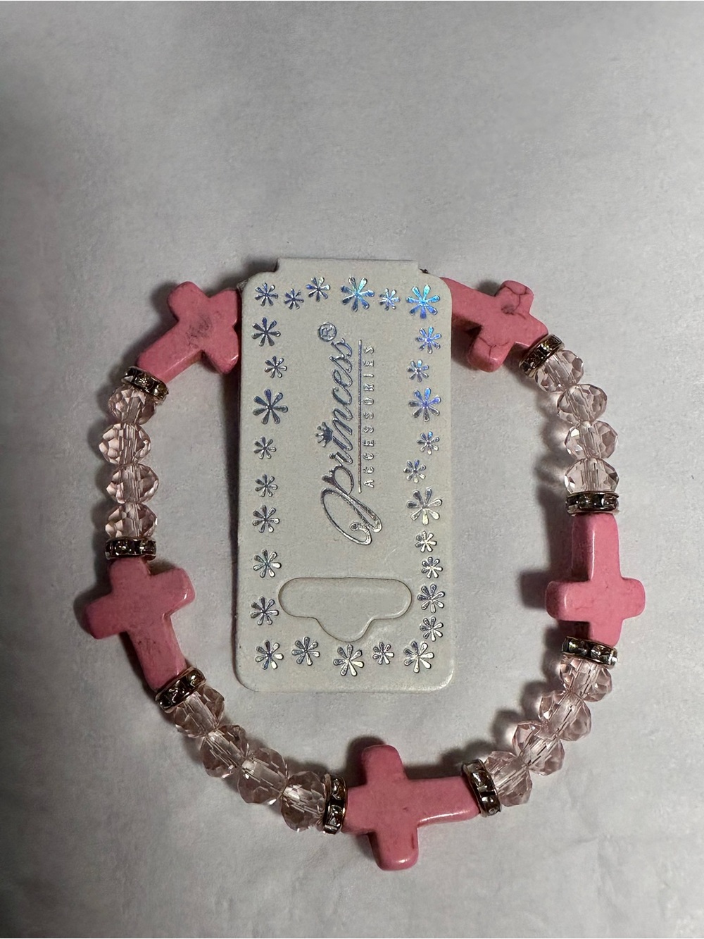 Pink Cross Beaded Stretch Bracelet | Faith Bracelet with Crystal Beads